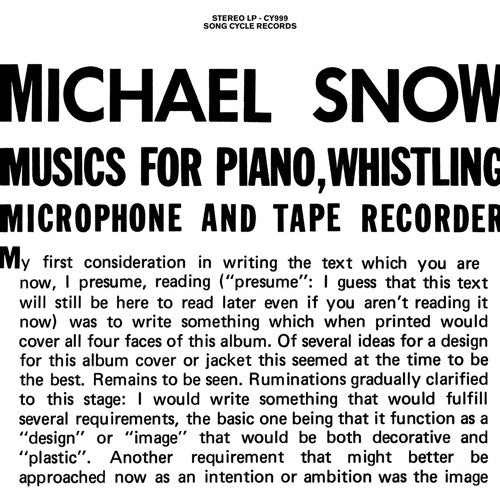 Michael Snow - Musics For Piano, Whistling, Microphone and Tape Recorder (New Vinyl)